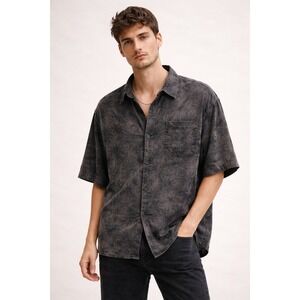NAT NAST Mens Luxury Shirt XL-Black 90's Grunge Skate Silk Blend Acid Wash Y2K